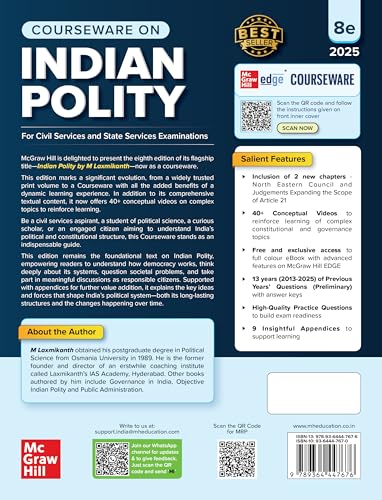 Indian Polity Courseware (English), 8th edition by M Laxmikanth for UPSC CSE 2025-26 | 40+ Conceptual Videos | 95 Well-structured Chapters | 18 Insightful Appendices | Full Colour eBook | Solved 13 Previous Years' Prelim Questions (2013–2025) | 12 Years'