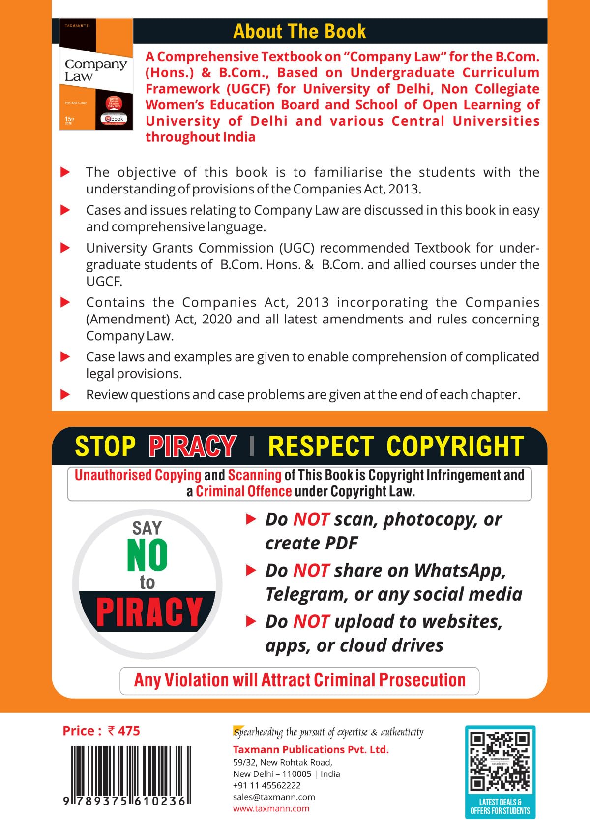 Taxmann's Company Law – Comprehensively Updated | NEP-aligned Textbook that Clearly Explains Indian Company Law with Amendments & Insolvency Provisions—Combining Concepts & Application